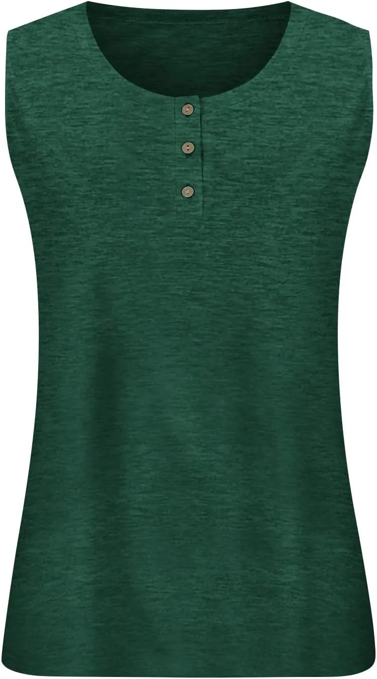 Plus Size Tank Tops for Women Summer Sleeveless O Neck Henley T-Shirts Tops Casual Button Down Tunics Shirts