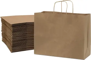 Prime Line Packaging Large Brown Paper Bags with Handles for Small Business, Retail, Boutique Shopping, Grocery, To Go Kraft, Bulk - 16x6x12, 100 Pack