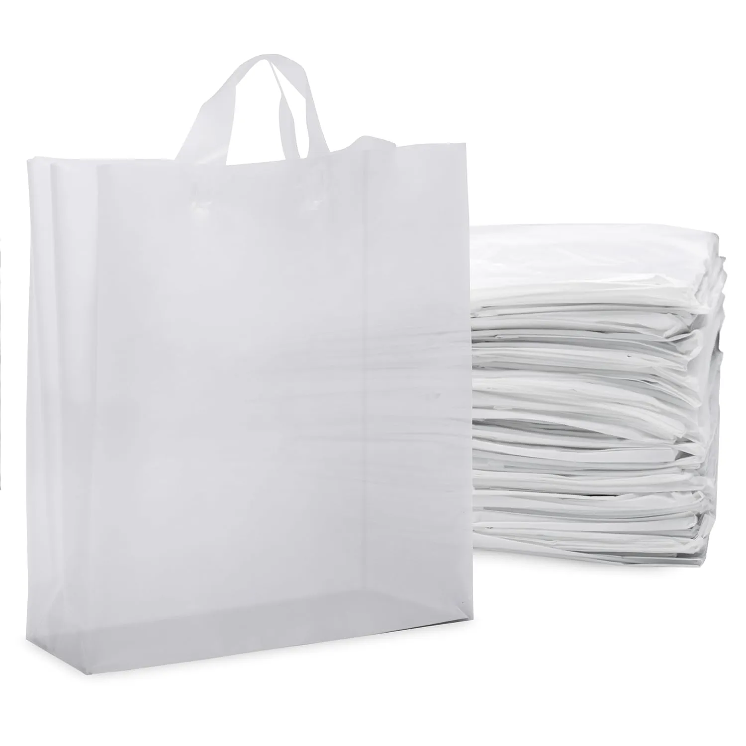 Prime Line Packaging Plastic Gift Bags with Handles, Clear Shopping Bags, Small Business, Frosted Boutiques Supply, Retail, Bulk, 16x6x19, 50 Pack