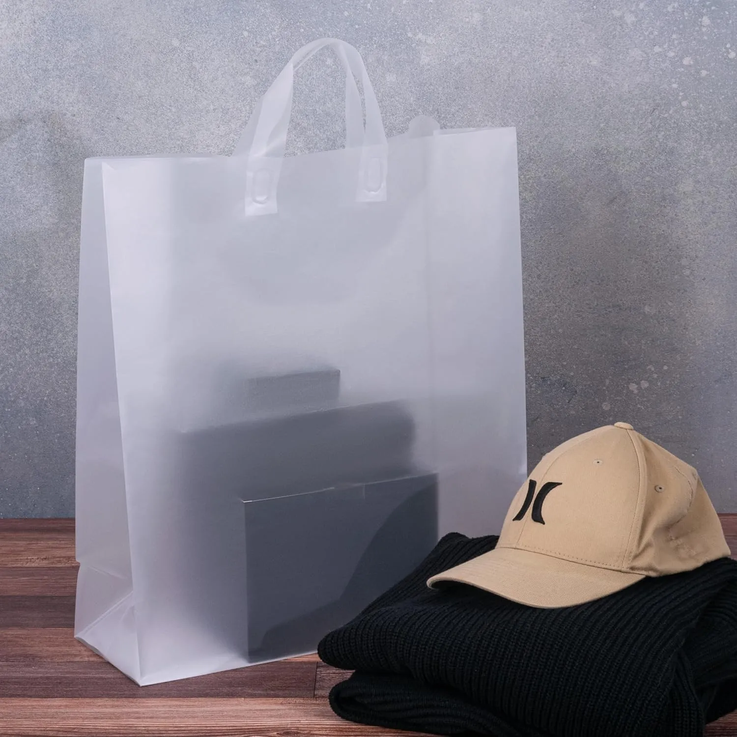 Prime Line Packaging Plastic Gift Bags with Handles, Clear Shopping Bags, Small Business, Frosted Boutiques Supply, Retail, Bulk, 16x6x19, 50 Pack