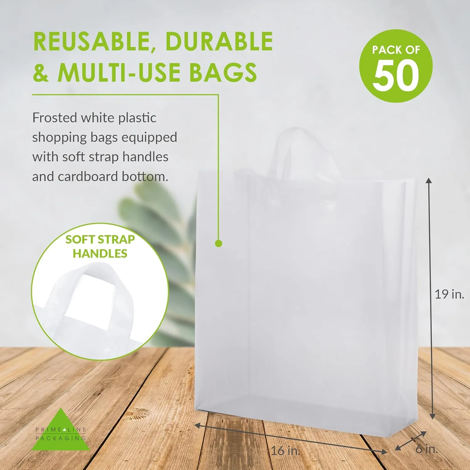 Prime Line Packaging Plastic Gift Bags with Handles, Clear Shopping Bags, Small Business, Frosted Boutiques Supply, Retail, Bulk, 16x6x19, 50 Pack
