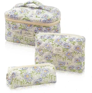 Quilted Makeup Bag,Cute Cotton Floral Make Up Bag Cosmetic Bag for Women Large Travel Toiletry Bag,Makeup Organizer Bag for Cosmetic Accessories,Style 1