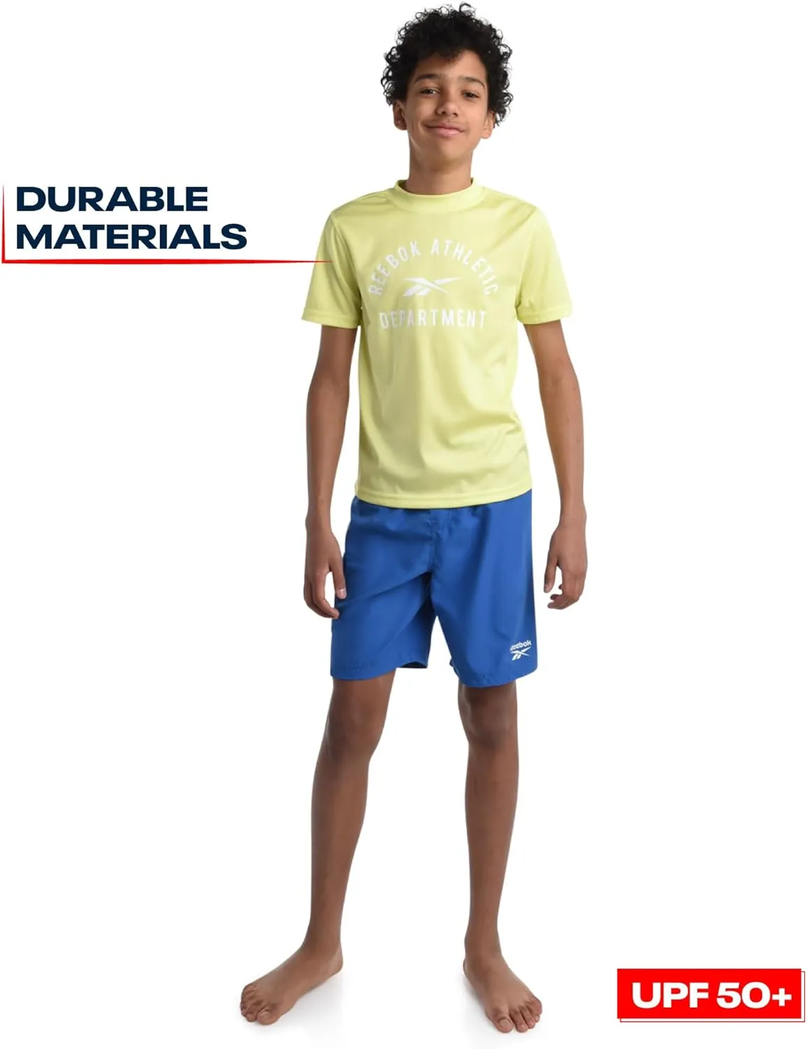 Reebok Boys' Rashguard Set - 2 Piece UPF 50  Quick Dry Swim Shirt and Bathing Suit Trunks - Swimwear Set for Boys (4-12)