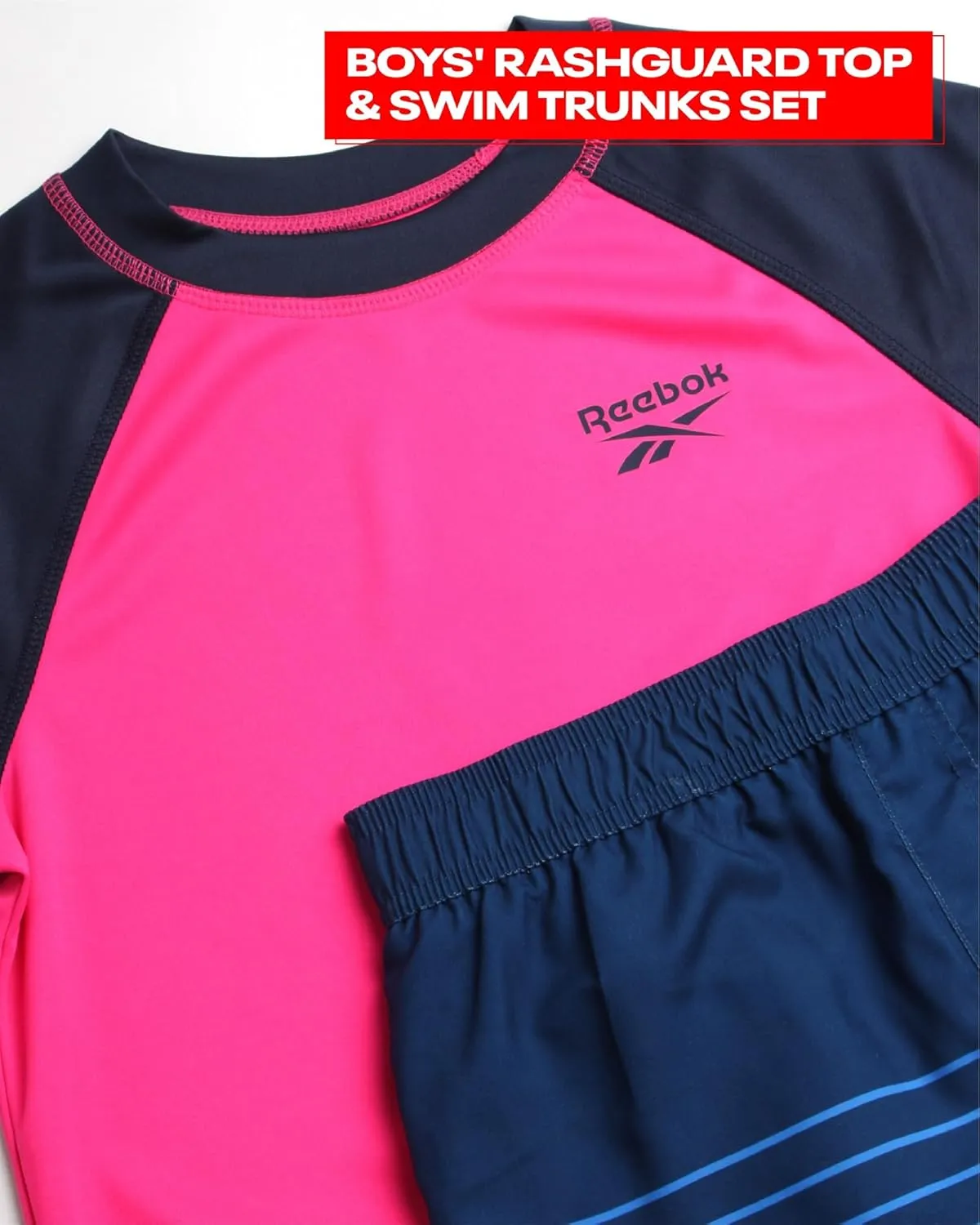 Reebok Boys' Rashguard Set - 2 Piece UPF 50  Quick Dry Swim Shirt and Bathing Suit Trunks - Swimwear Set for Boys (4-12)
