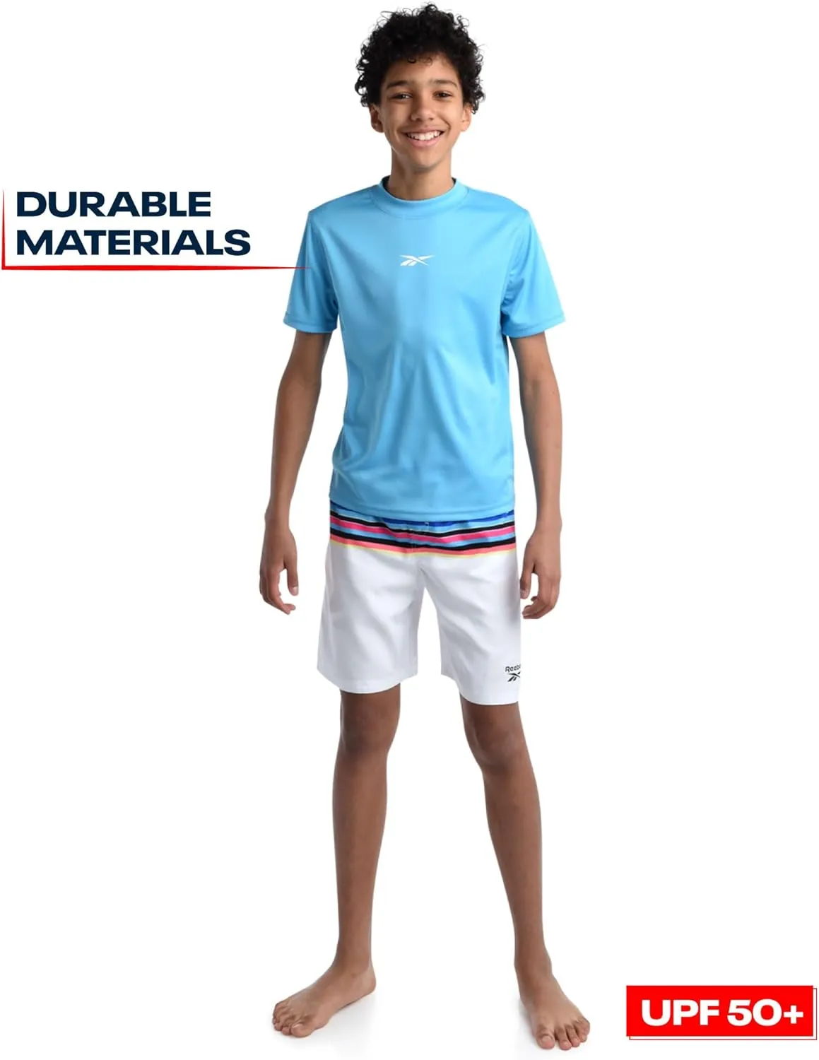 Reebok Boys' Rashguard Set - 2 Piece UPF 50  Quick Dry Swim Shirt and Bathing Suit Trunks - Swimwear Set for Boys (4-12)