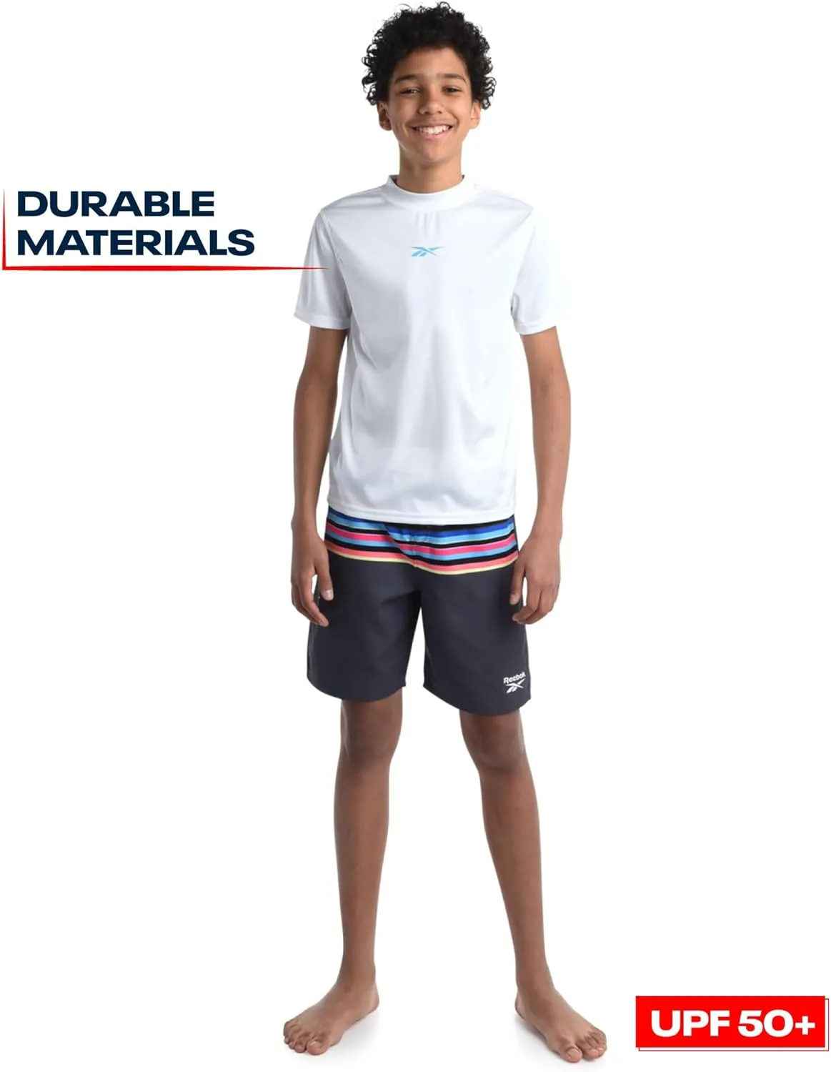 Reebok Boys' Rashguard Set - 2 Piece UPF 50  Quick Dry Swim Shirt and Bathing Suit Trunks - Swimwear Set for Boys (4-12)