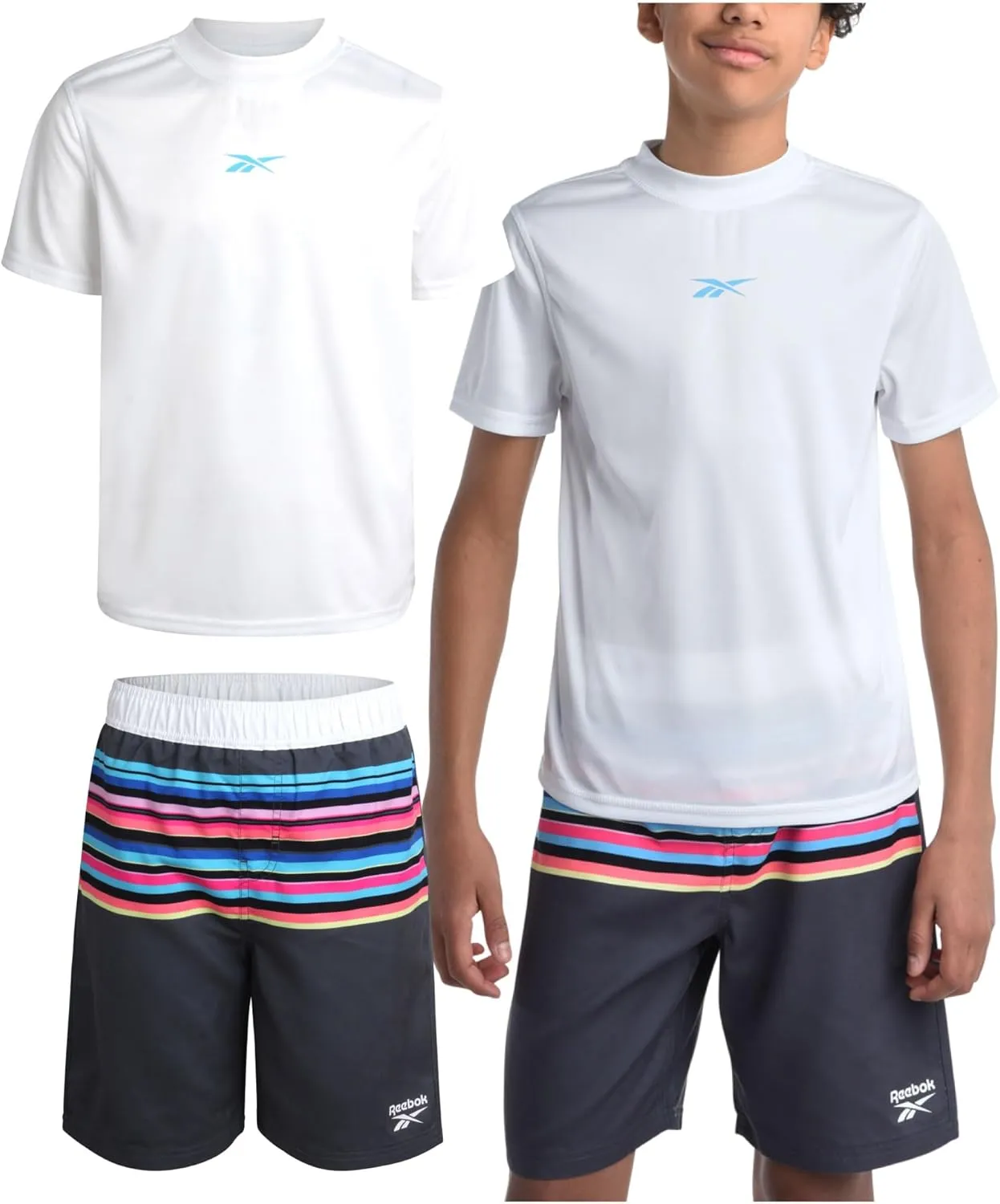 Reebok Boys' Rashguard Set - 2 Piece UPF 50  Quick Dry Swim Shirt and Bathing Suit Trunks - Swimwear Set for Boys (4-12)