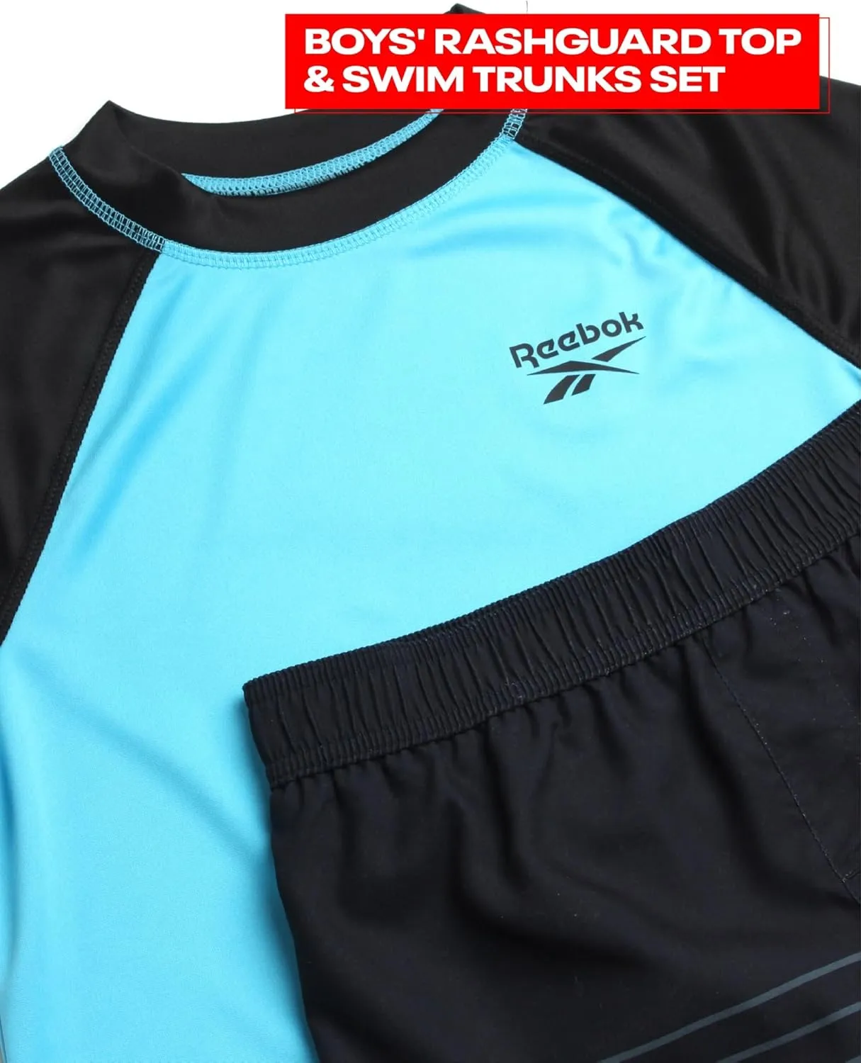 Reebok Boys' Rashguard Set - 2 Piece UPF 50  Quick Dry Swim Shirt and Bathing Suit Trunks - Swimwear Set for Boys (4-12)