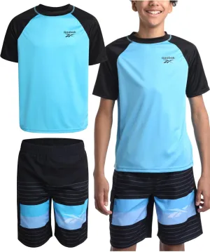 Reebok Boys' Rashguard Set - 2 Piece UPF 50  Quick Dry Swim Shirt and Bathing Suit Trunks - Swimwear Set for Boys (4-12)