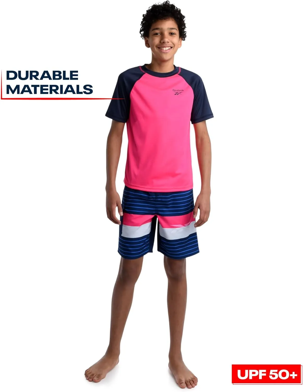 Reebok Boys' Rashguard Set - 2 Piece UPF 50  Quick Dry Swim Shirt and Bathing Suit Trunks - Swimwear Set for Boys (4-12)