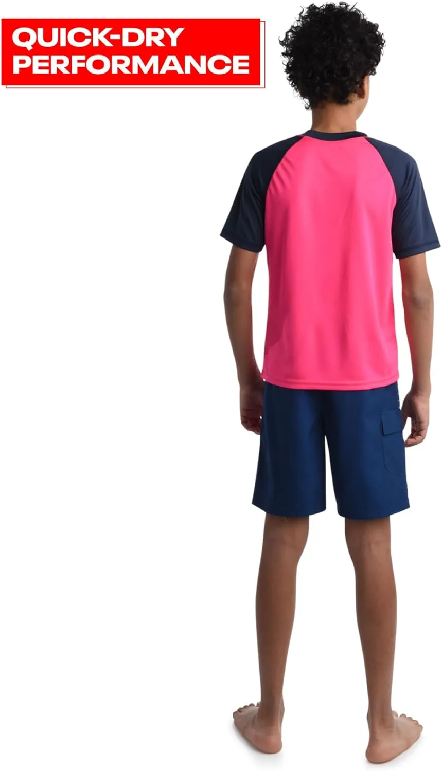Reebok Boys' Rashguard Set - 2 Piece UPF 50  Quick Dry Swim Shirt and Bathing Suit Trunks - Swimwear Set for Boys (4-12)
