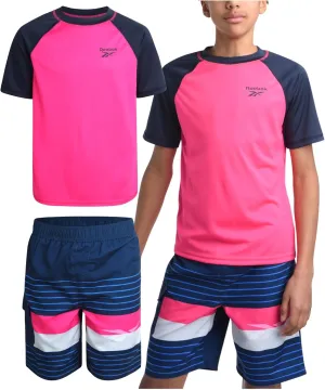 Reebok Boys' Rashguard Set - 2 Piece UPF 50  Quick Dry Swim Shirt and Bathing Suit Trunks - Swimwear Set for Boys (4-12)
