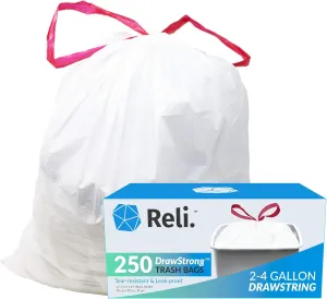 Reli. 2-4 Gallon Trash Bags Drawstring | 250 Count | 18"x 20" | Small Garbage Bags 4 Gallon - Drawstring Handles | White Trash Can Liners 2 Gal - 3Gal - 4Gal | Small Bin Liners, Office