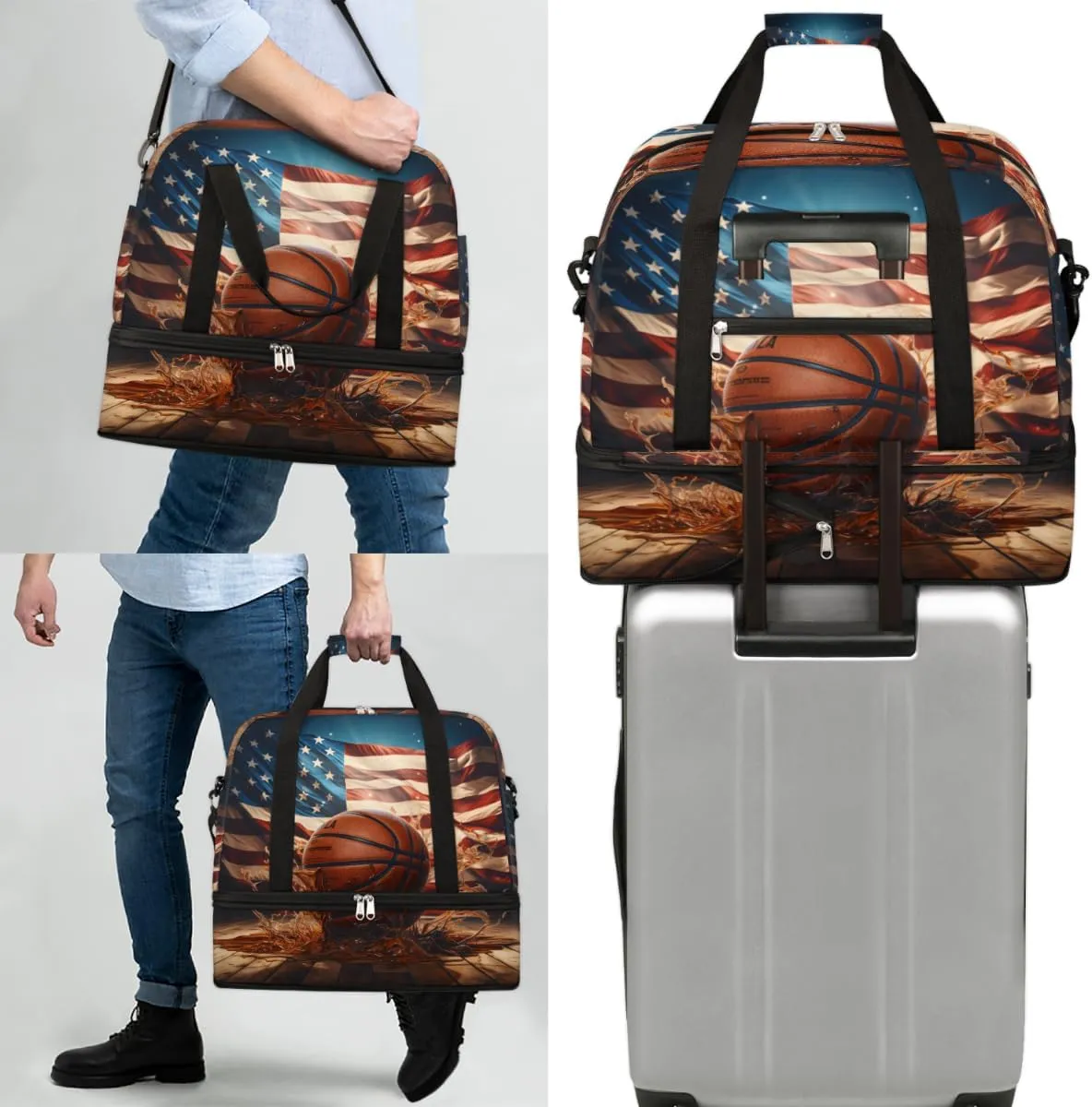 Retro Basketball Foldable Travel Duffel Bag Overnight Weekender Bag with Shoes Compartment Sports Gym Bag for Men Women