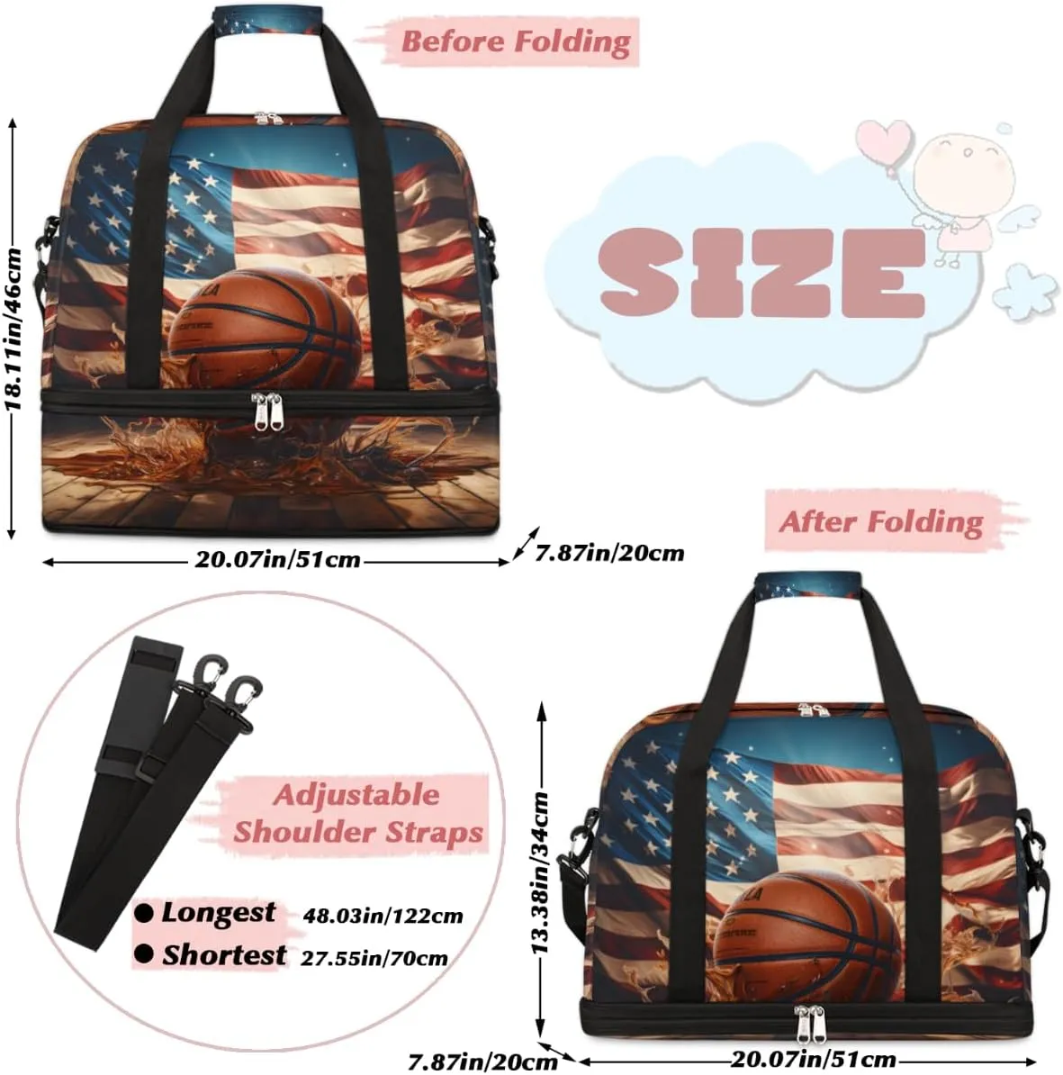 Retro Basketball Foldable Travel Duffel Bag Overnight Weekender Bag with Shoes Compartment Sports Gym Bag for Men Women