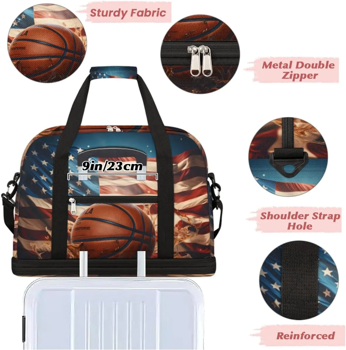 Retro Basketball Foldable Travel Duffel Bag Overnight Weekender Bag with Shoes Compartment Sports Gym Bag for Men Women