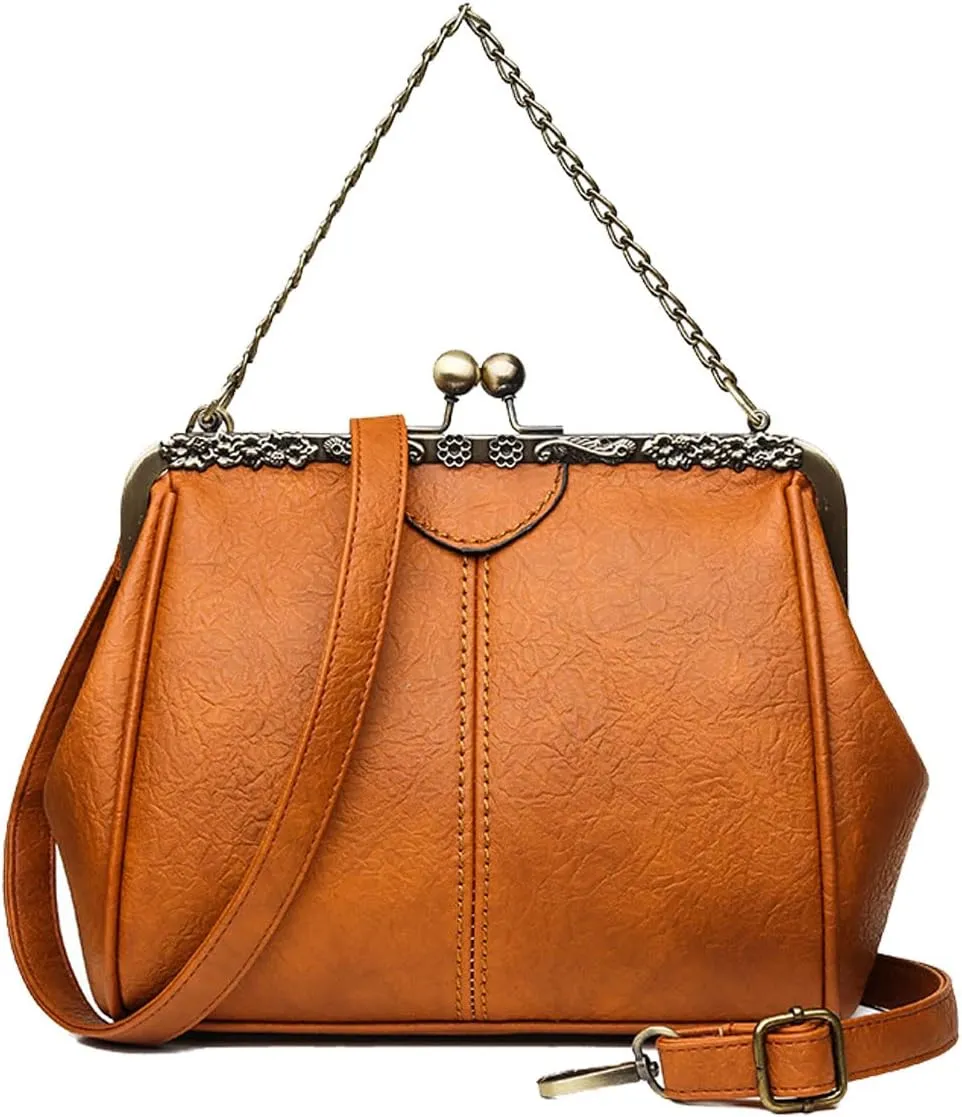Retro Handbags and Purses for Women Chain Kiss Lock Top-Handle Satchel PU Leather Shoulder Bag Hollow Tote