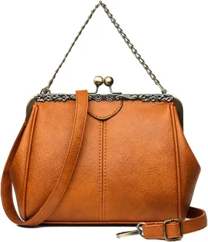 Retro Handbags and Purses for Women Chain Kiss Lock Top-Handle Satchel PU Leather Shoulder Bag Hollow Tote