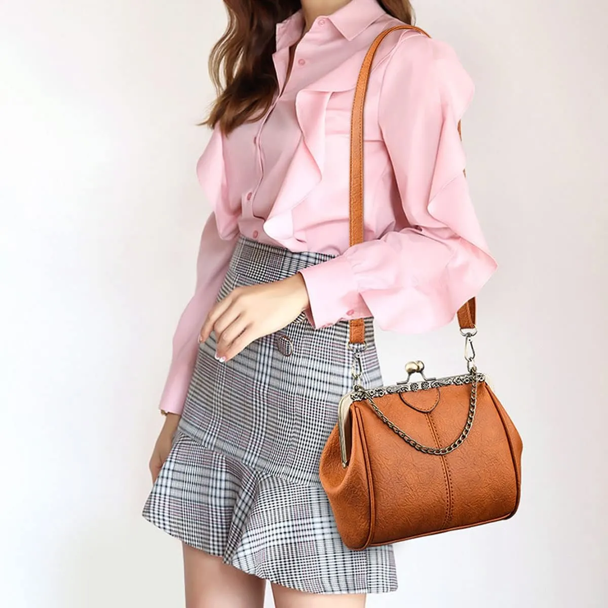 Retro Handbags and Purses for Women Chain Kiss Lock Top-Handle Satchel PU Leather Shoulder Bag Hollow Tote