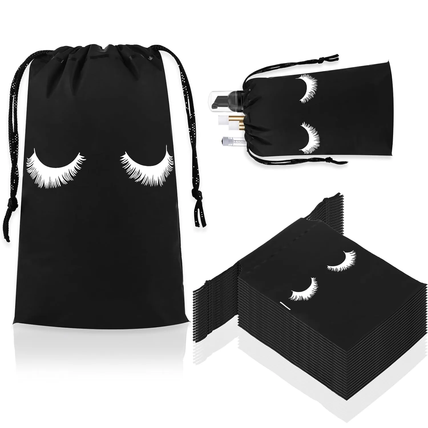 Rohuis 50pcs Eyelash Aftercare Lash Bags for Clients - Drawstring Makeup Cosmetic Shampoo Sample Pouches for Women and Girls- Small Business Supplies (Black,4 x 6 Inches)