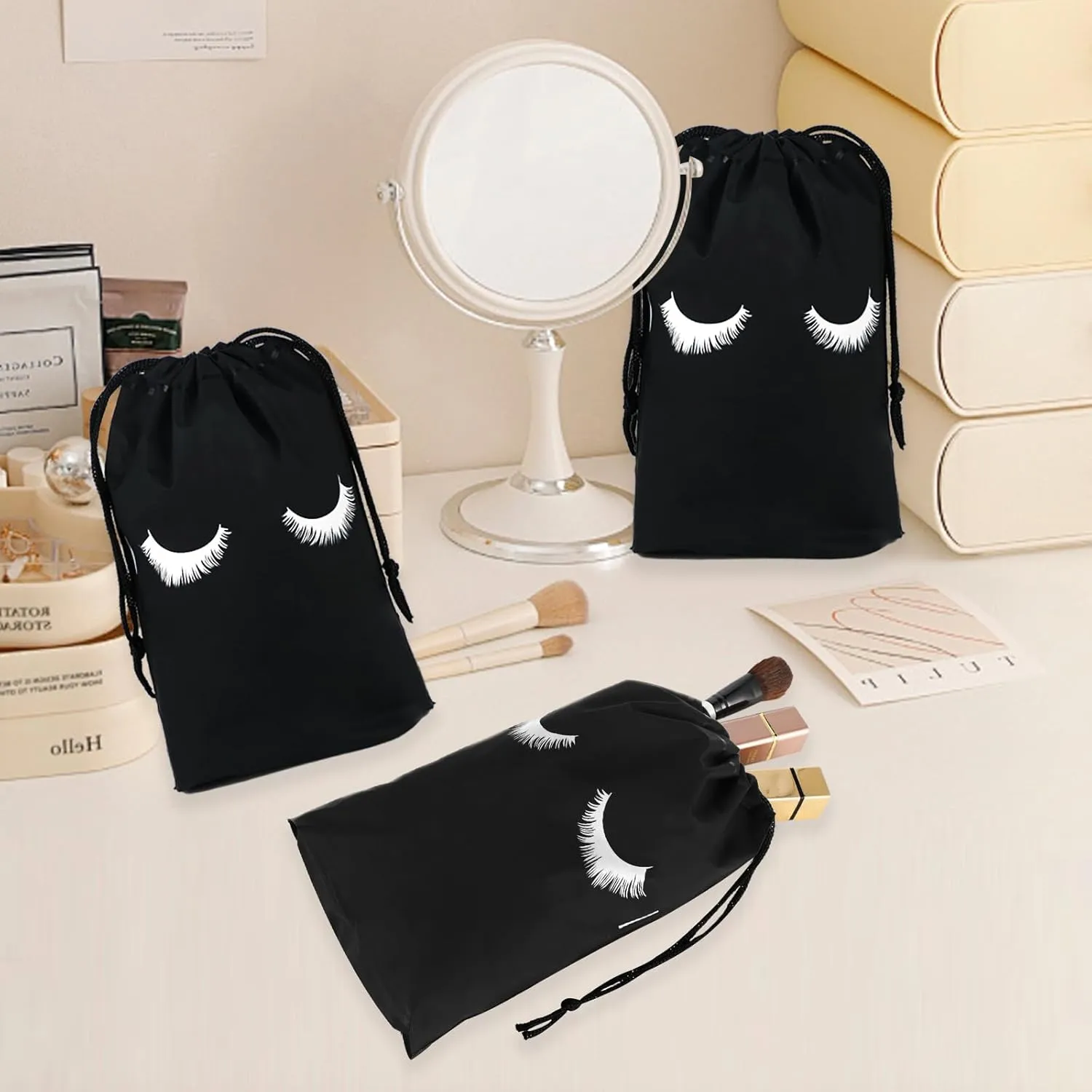 Rohuis 50pcs Eyelash Aftercare Lash Bags for Clients - Drawstring Makeup Cosmetic Shampoo Sample Pouches for Women and Girls- Small Business Supplies (Black,4 x 6 Inches)