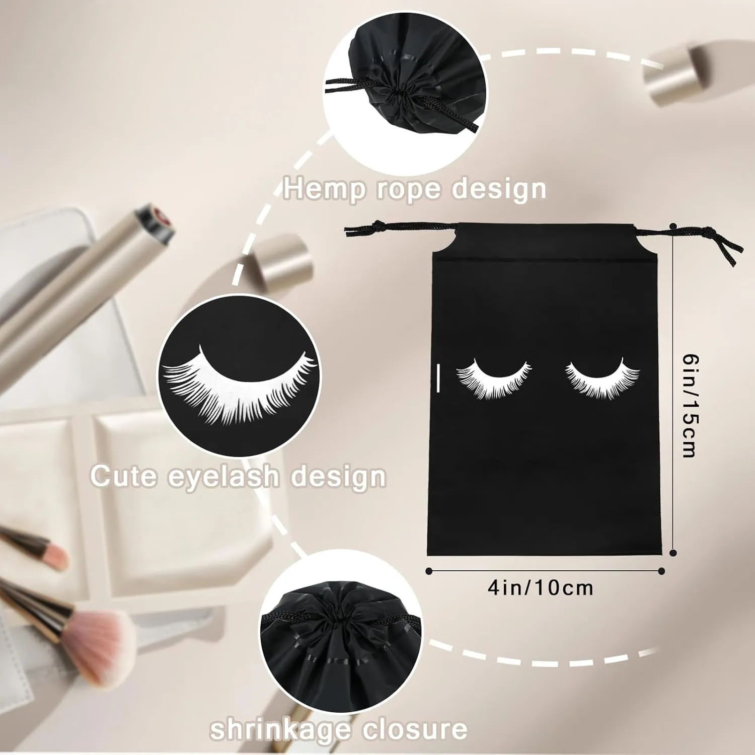 Rohuis 50pcs Eyelash Aftercare Lash Bags for Clients - Drawstring Makeup Cosmetic Shampoo Sample Pouches for Women and Girls- Small Business Supplies (Black,4 x 6 Inches)