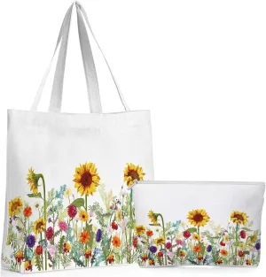 Sadnyy 2 Pcs Sunflower Canvas Tote Bags for Women Mother's Day Cute Aesthetic Floral Makeup Bags Gift for Teacher Nurse Coworker Travel Work