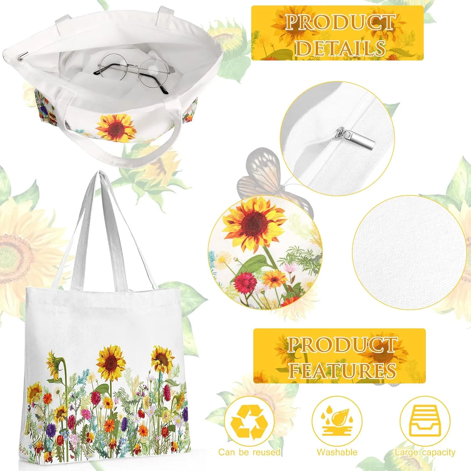 Sadnyy 2 Pcs Sunflower Canvas Tote Bags for Women Mother's Day Cute Aesthetic Floral Makeup Bags Gift for Teacher Nurse Coworker Travel Work