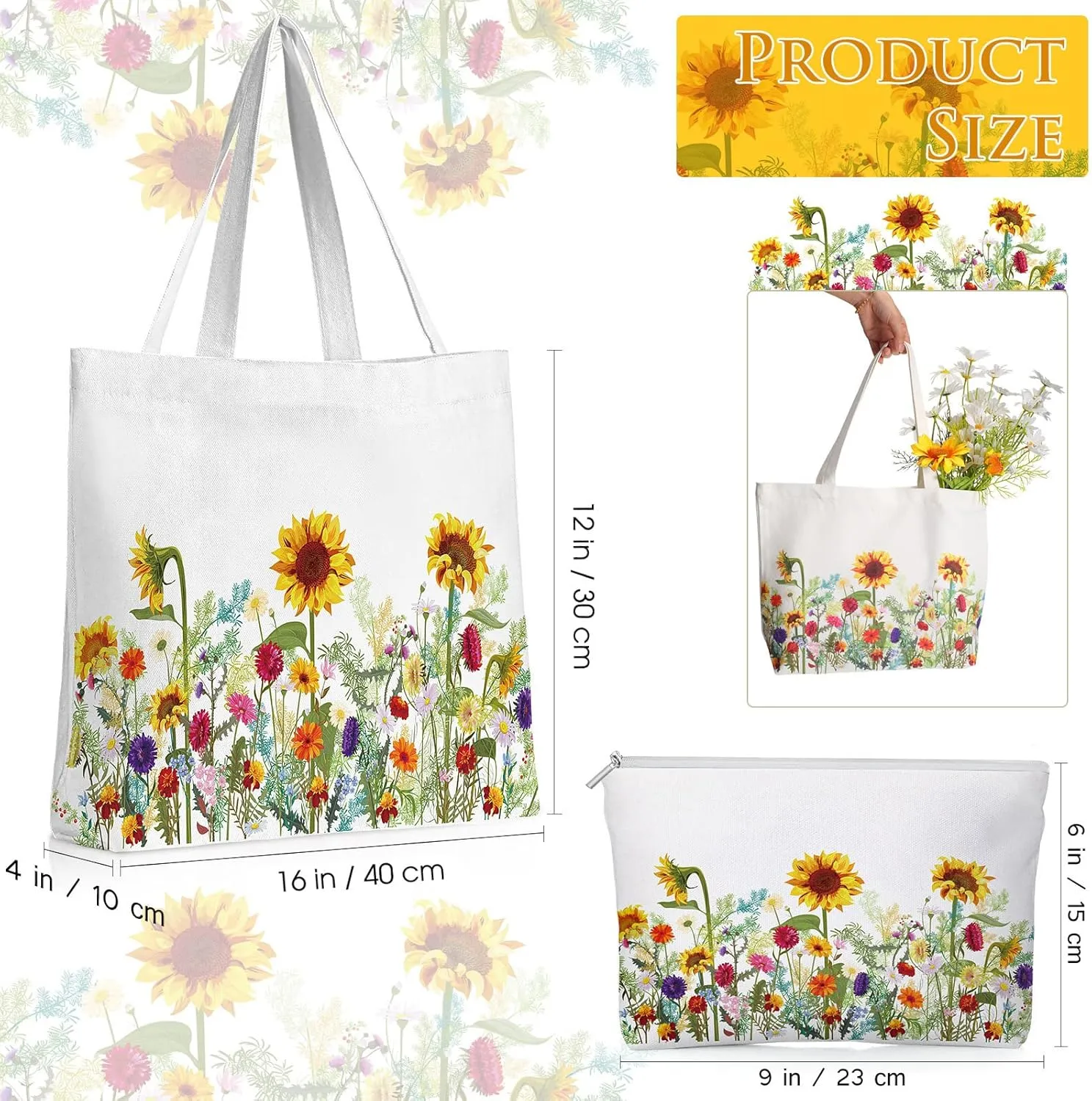 Sadnyy 2 Pcs Sunflower Canvas Tote Bags for Women Mother's Day Cute Aesthetic Floral Makeup Bags Gift for Teacher Nurse Coworker Travel Work
