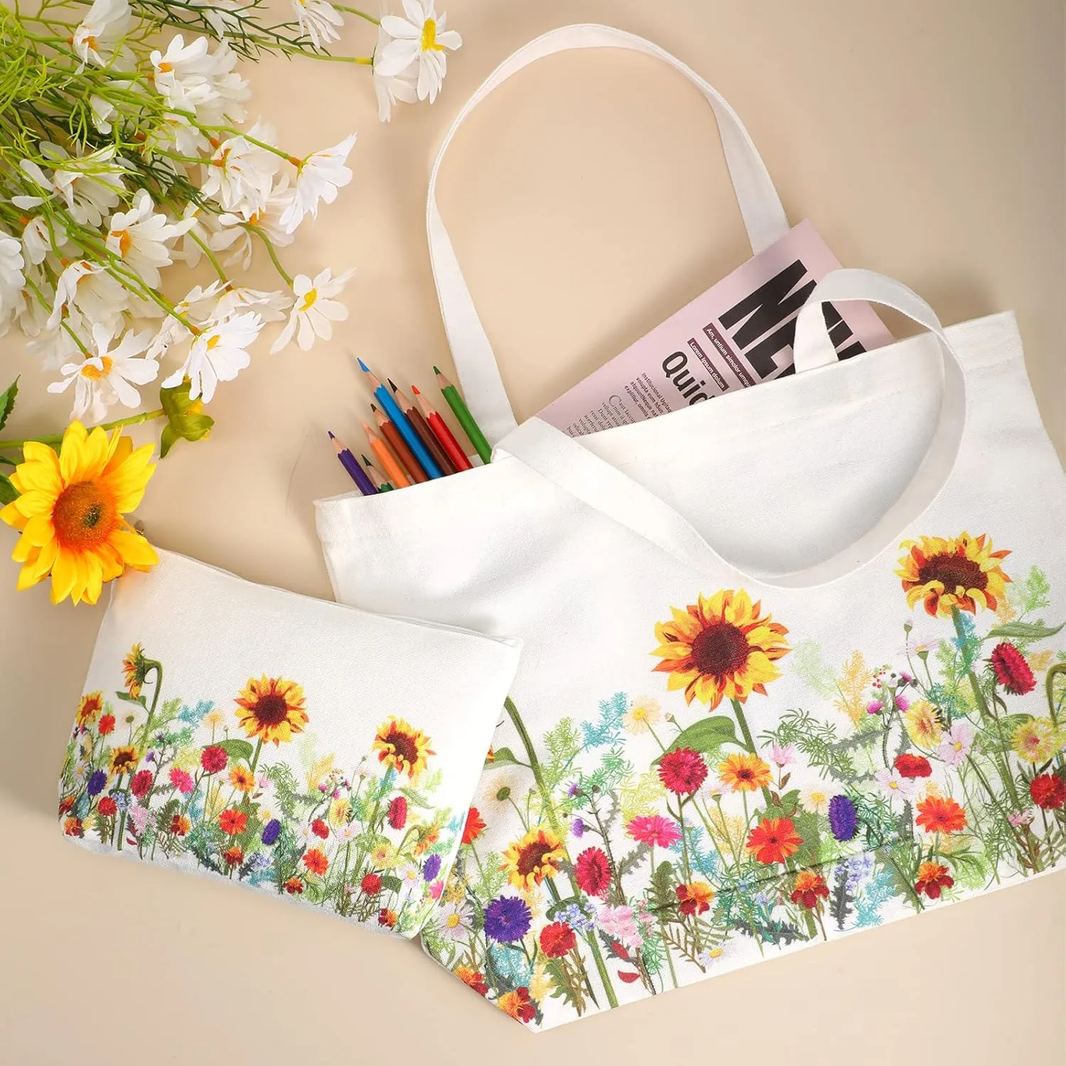 Sadnyy 2 Pcs Sunflower Canvas Tote Bags for Women Mother's Day Cute Aesthetic Floral Makeup Bags Gift for Teacher Nurse Coworker Travel Work