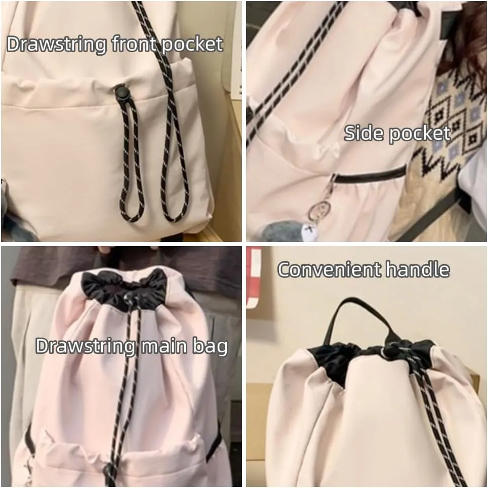 Selena Drawstring Bucket Backpack with pins and Accessories Aesthetic Big Capacity Couple Travel Laptop Bag (Backpack Accessories,Beige)