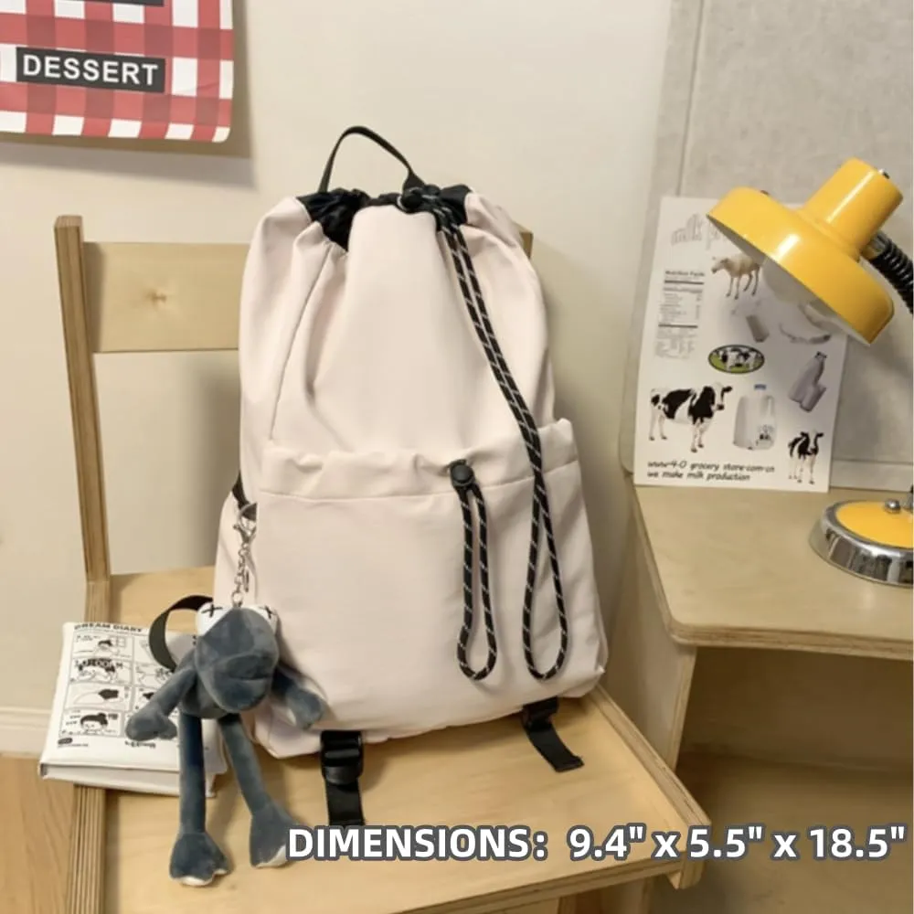 Selena Drawstring Bucket Backpack with pins and Accessories Aesthetic Big Capacity Couple Travel Laptop Bag (Backpack Accessories,Beige)