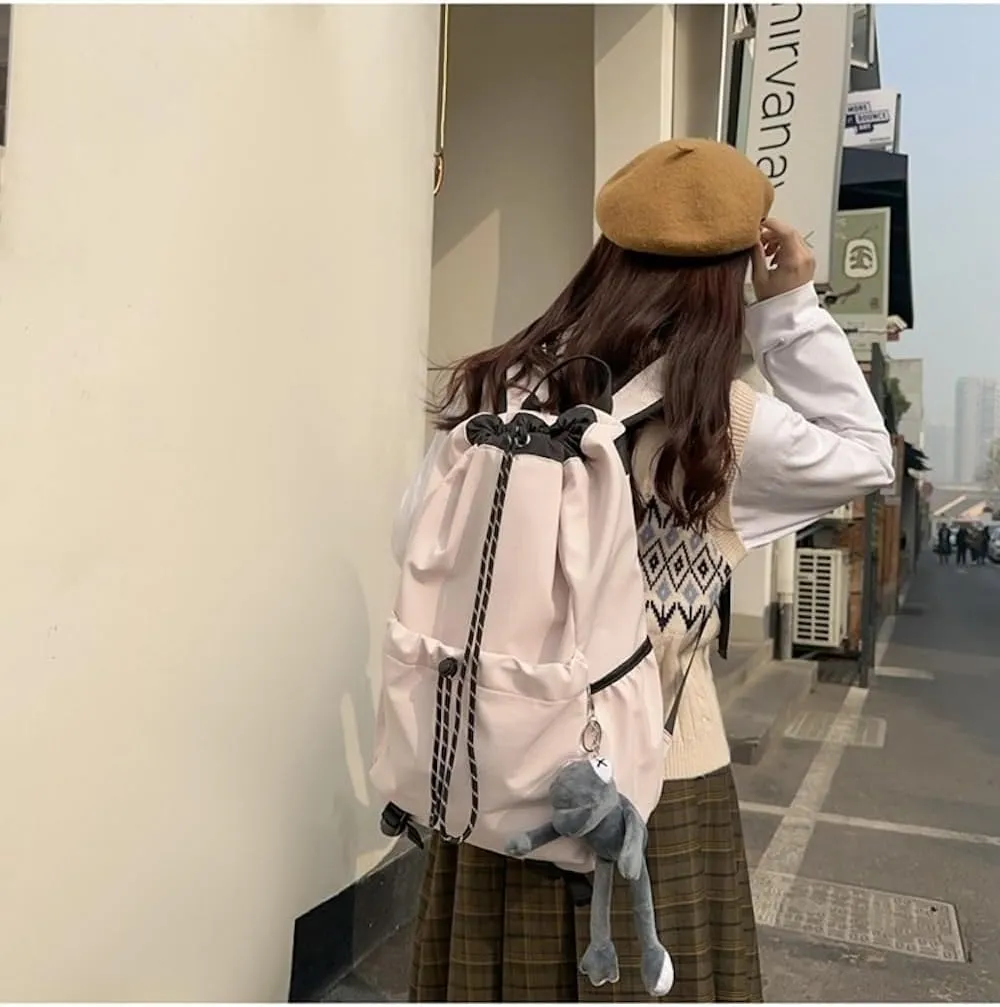 Selena Drawstring Bucket Backpack with pins and Accessories Aesthetic Big Capacity Couple Travel Laptop Bag (Backpack Accessories,Beige)