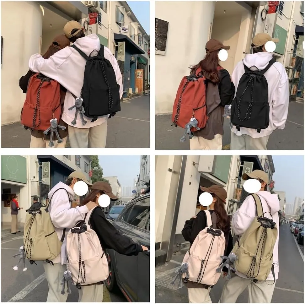 Selena Drawstring Bucket Backpack with pins and Accessories Aesthetic Big Capacity Couple Travel Laptop Bag (Backpack Accessories,Beige)