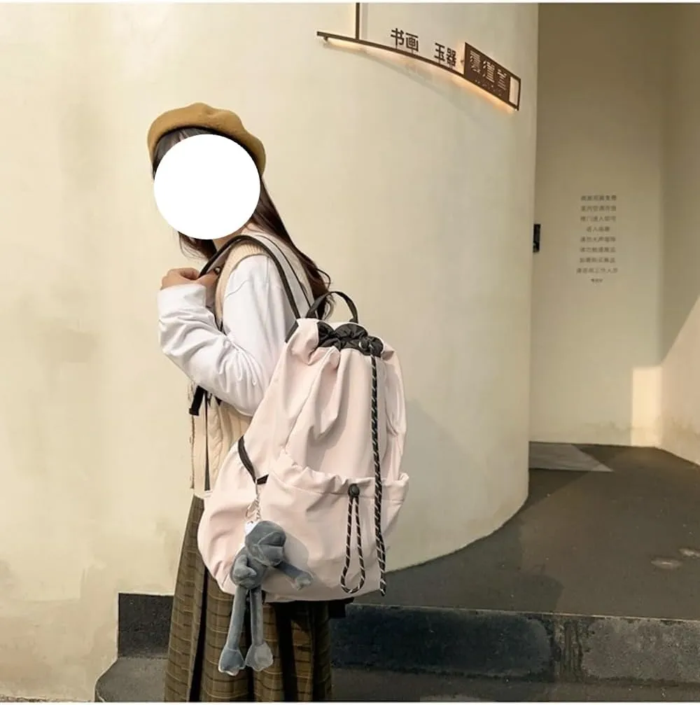 Selena Drawstring Bucket Backpack with pins and Accessories Aesthetic Big Capacity Couple Travel Laptop Bag (Backpack Accessories,Beige)
