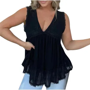 Sexy Lace Tank Tops for Women Casual Summer Solid Color V Nedk Sleeveless Vest Plus Size Flowy Hem Outdoor Camisole