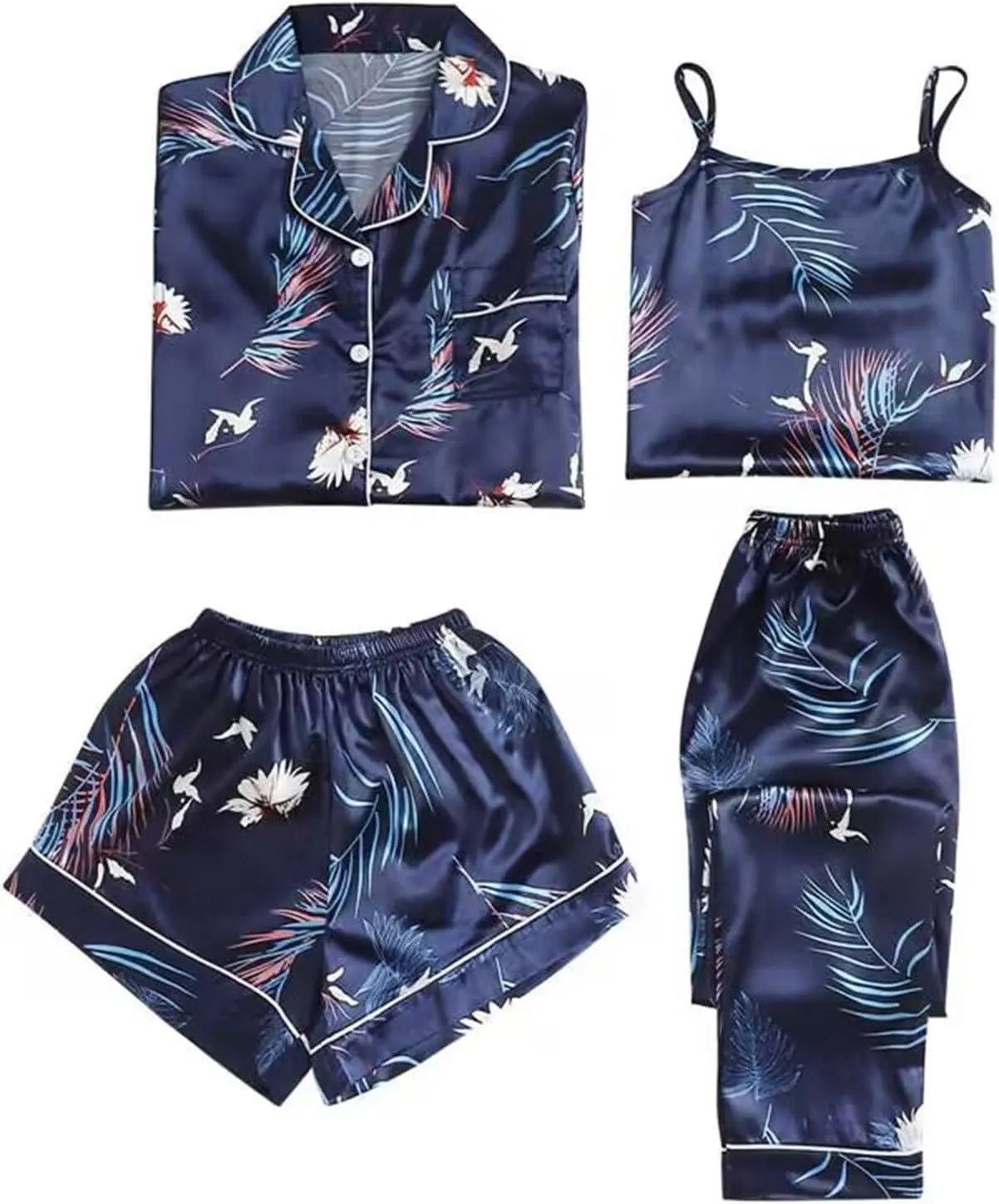 Silk Pajamas for Women Set 4Pcs Short Sleeve Shirts Sleeveless Tank Tops Lounge Bottoms and Satin Trousers Outfits Sleepwear