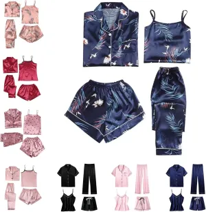 Silk Pajamas for Women Set 4Pcs Short Sleeve Shirts Sleeveless Tank Tops Lounge Bottoms and Satin Trousers Outfits Sleepwear