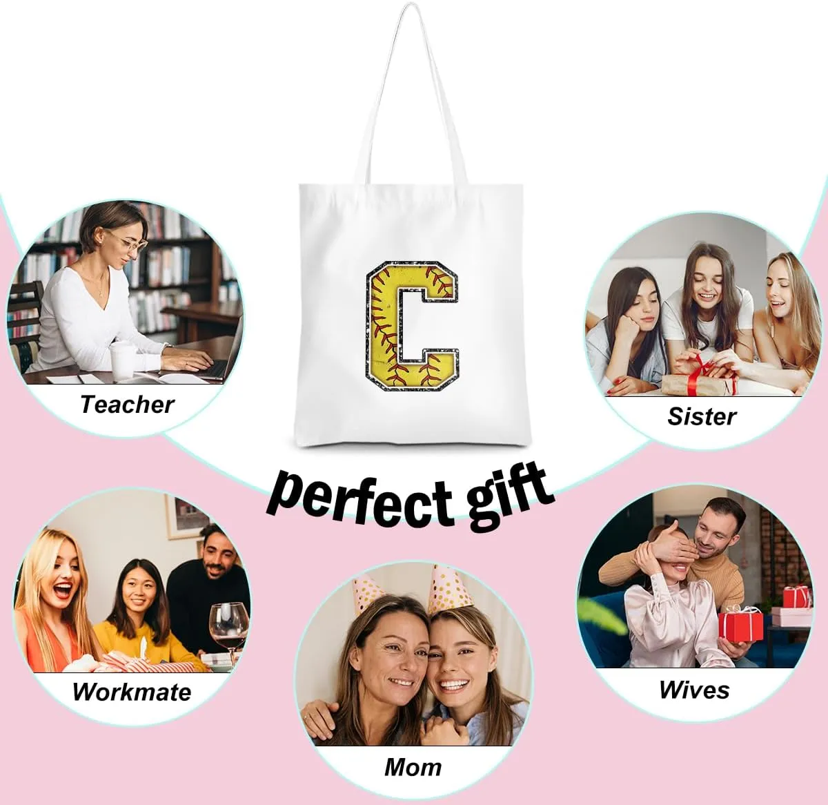 Softball Gifts Initial Tote Bag Reusable Grocery Bags Personalized Beach Bag Wedding Monogrammed Gifts for Women