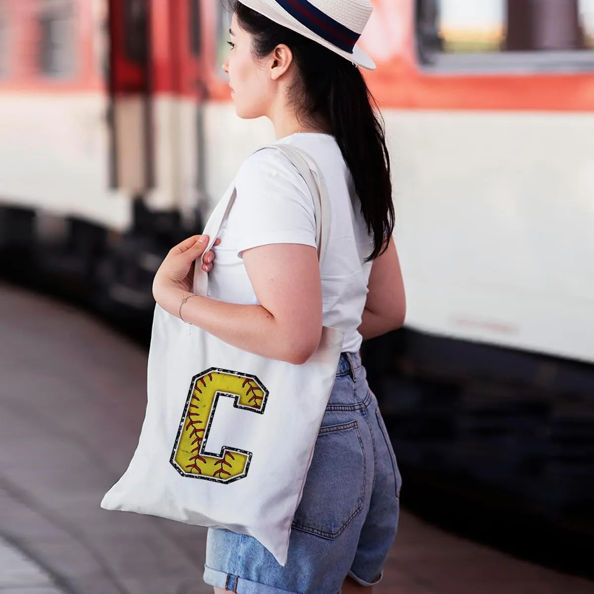 Softball Gifts Initial Tote Bag Reusable Grocery Bags Personalized Beach Bag Wedding Monogrammed Gifts for Women