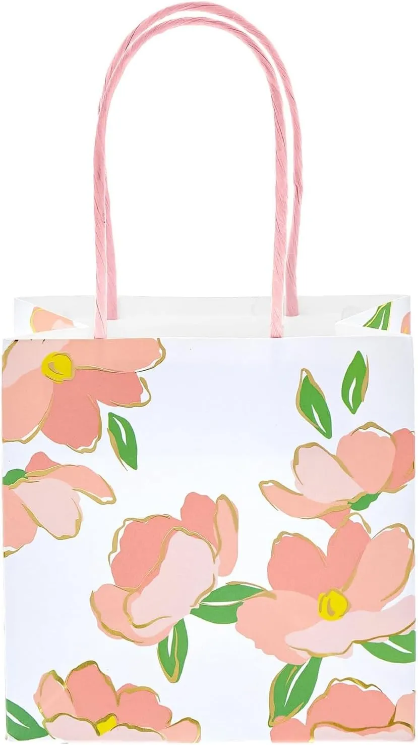 Sparkle and Bash 12 Pack Small Gift Bags with Handles for Candles, Mini Party Favors for Valentines, Bridal Shower, Baby Shower, Mothers Day, 3 Assorted Pink Designs (5x5x3 In Mini Gift Bags)