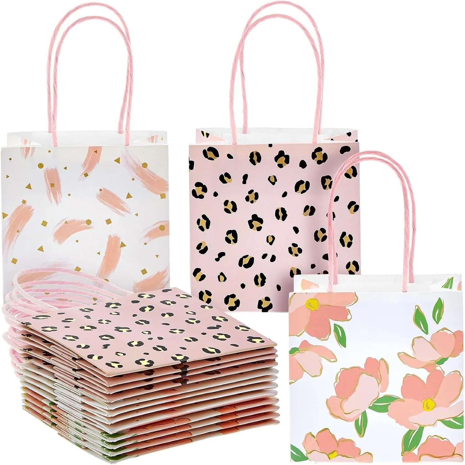 Sparkle and Bash 12 Pack Small Gift Bags with Handles for Candles, Mini Party Favors for Valentines, Bridal Shower, Baby Shower, Mothers Day, 3 Assorted Pink Designs (5x5x3 In Mini Gift Bags)