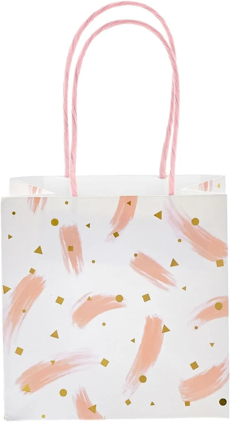 Sparkle and Bash 12 Pack Small Gift Bags with Handles for Candles, Mini Party Favors for Valentines, Bridal Shower, Baby Shower, Mothers Day, 3 Assorted Pink Designs (5x5x3 In Mini Gift Bags)