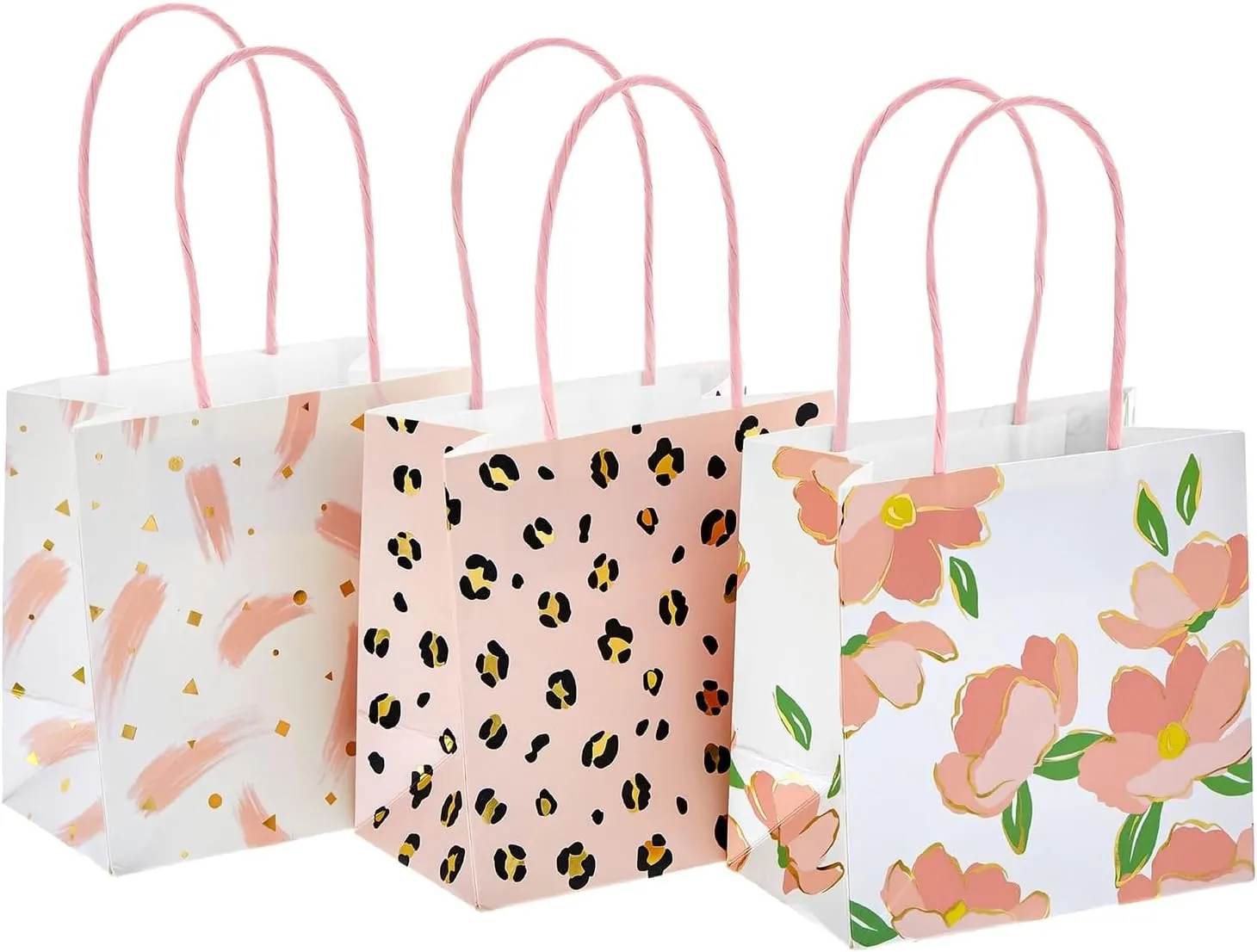 Sparkle and Bash 12 Pack Small Gift Bags with Handles for Candles, Mini Party Favors for Valentines, Bridal Shower, Baby Shower, Mothers Day, 3 Assorted Pink Designs (5x5x3 In Mini Gift Bags)
