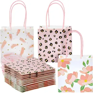 Sparkle and Bash 12 Pack Small Gift Bags with Handles for Candles, Mini Party Favors for Valentines, Bridal Shower, Baby Shower, Mothers Day, 3 Assorted Pink Designs (5x5x3 In Mini Gift Bags)