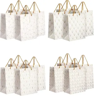 Sparkle and Bash 16-Pack Medium White and Gold Gift Bags with Handles & Tags for Weddings Baby Bridal Showers Birthday Party Favors, 4 Geometric Foil Designs (8 x 10 x 4.5 Inch Gift Bag)