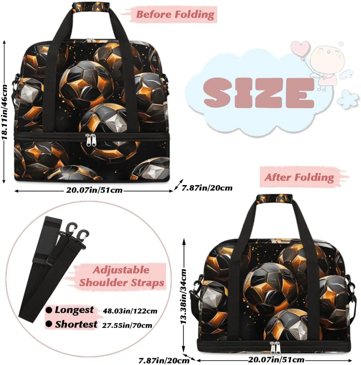 Sport Ball Soccers Foldable Travel Duffel Bag Overnight Weekender Bag with Shoes Compartment Sports Gym Bag for Men Women