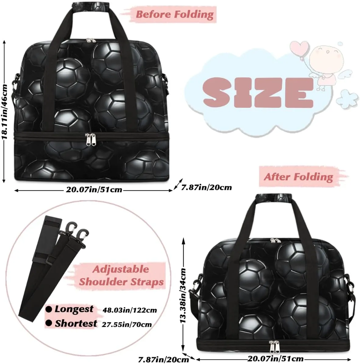 Sport Football Pattern Foldable Travel Duffel Bag Overnight Weekender Bag with Shoes Compartment Sports Gym Bag for Men Women