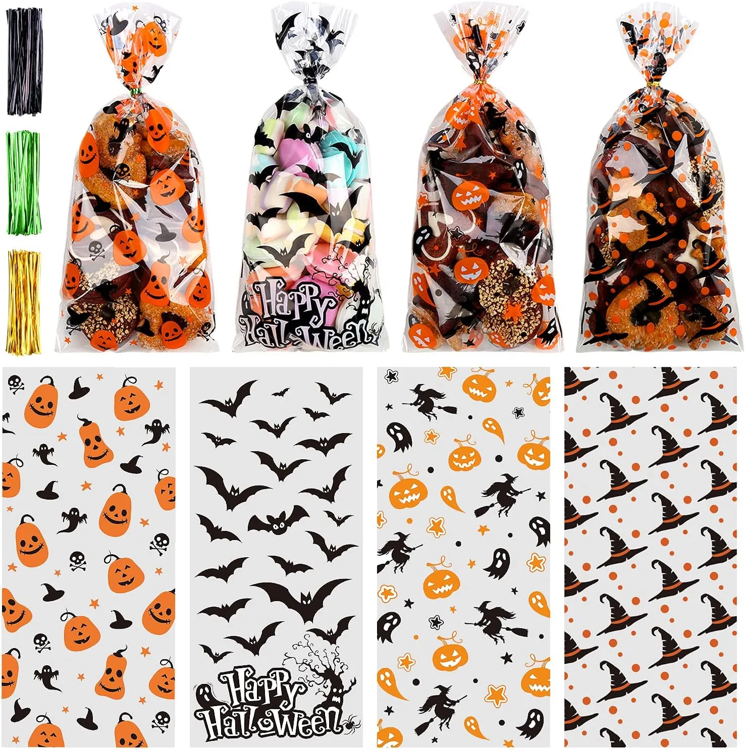 STEFORD Halloween Cellophane Bags, 120PCS Clear Cellophane Candy Gift Treat Bags for Party Favors