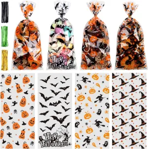 STEFORD Halloween Cellophane Bags, 120PCS Clear Cellophane Candy Gift Treat Bags for Party Favors
